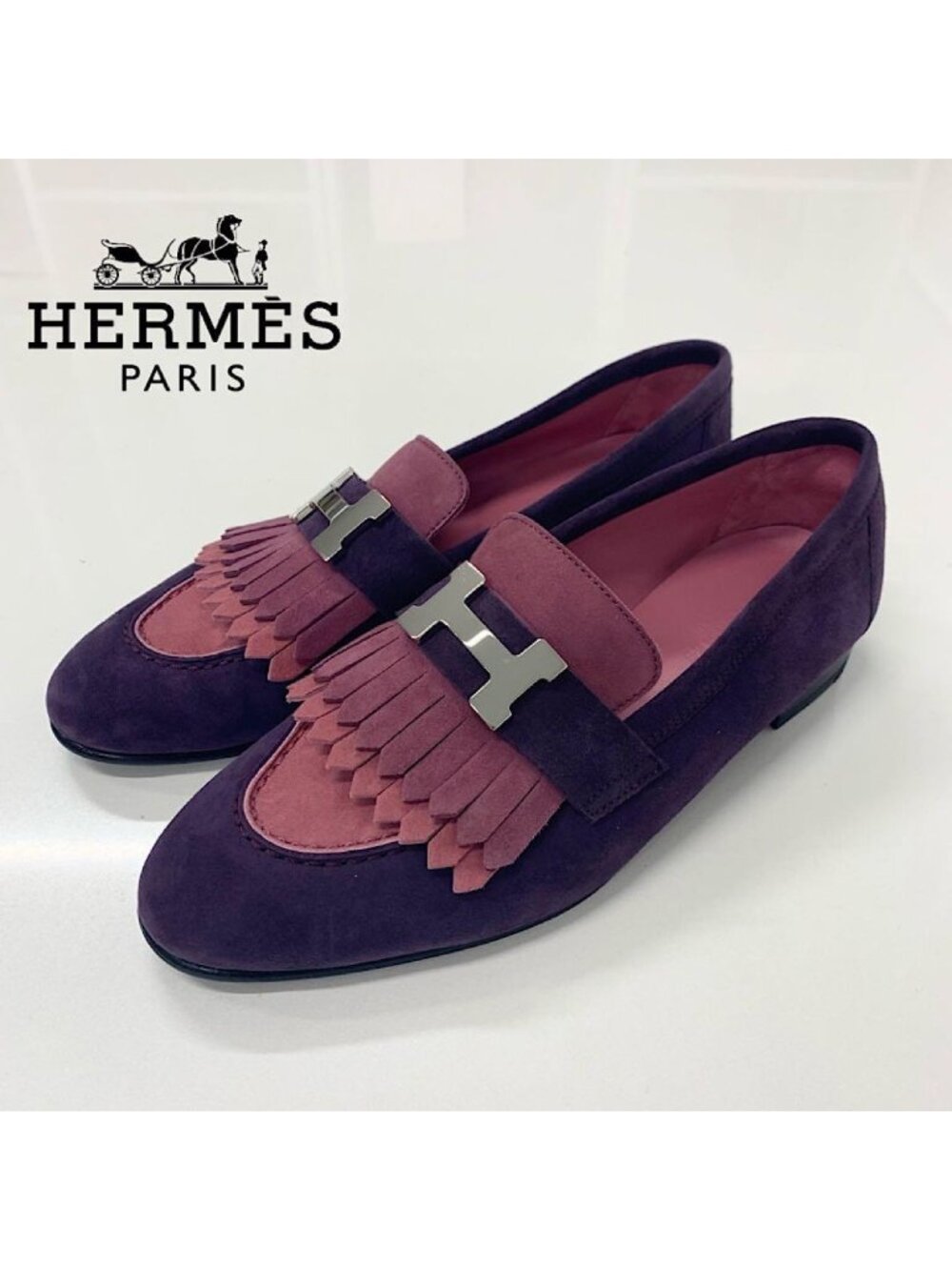 Hermes Royale Suede Hhardware Fringe Loafers Purple Pink